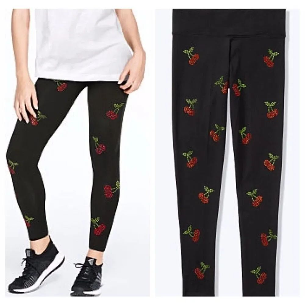 Vs Pink Leggings large/L cherry bling rhinestone crystal black NWt